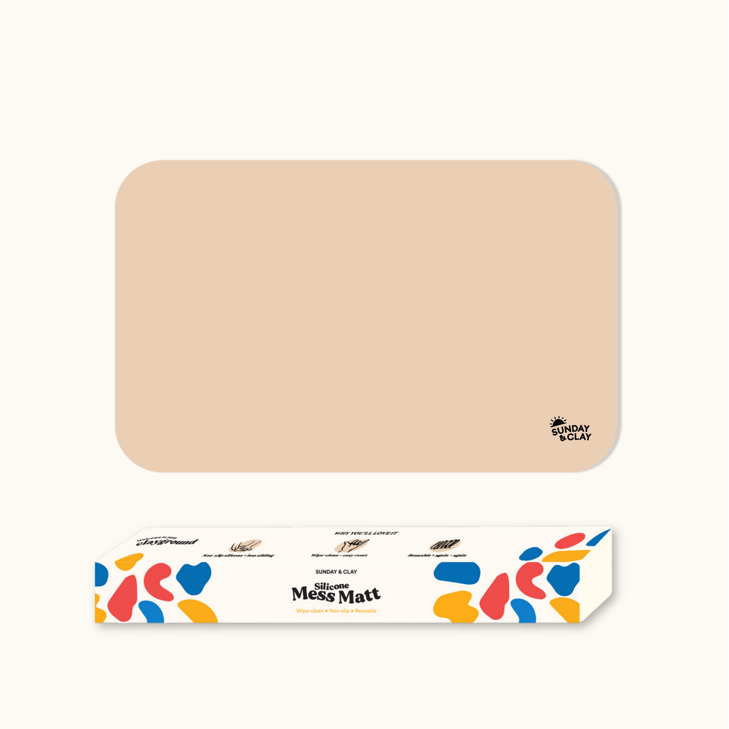 Sunday & Clay Silicone Mess Mat packaging displayed upright with branded design and reusable silicone craft mat inside.