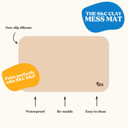 Flat lay of the Sunday & Clay Silicone Mess Mat with labelled features including non-slip surface, waterproof material, reusable design, and easy-to-clean finish for clay crafting.