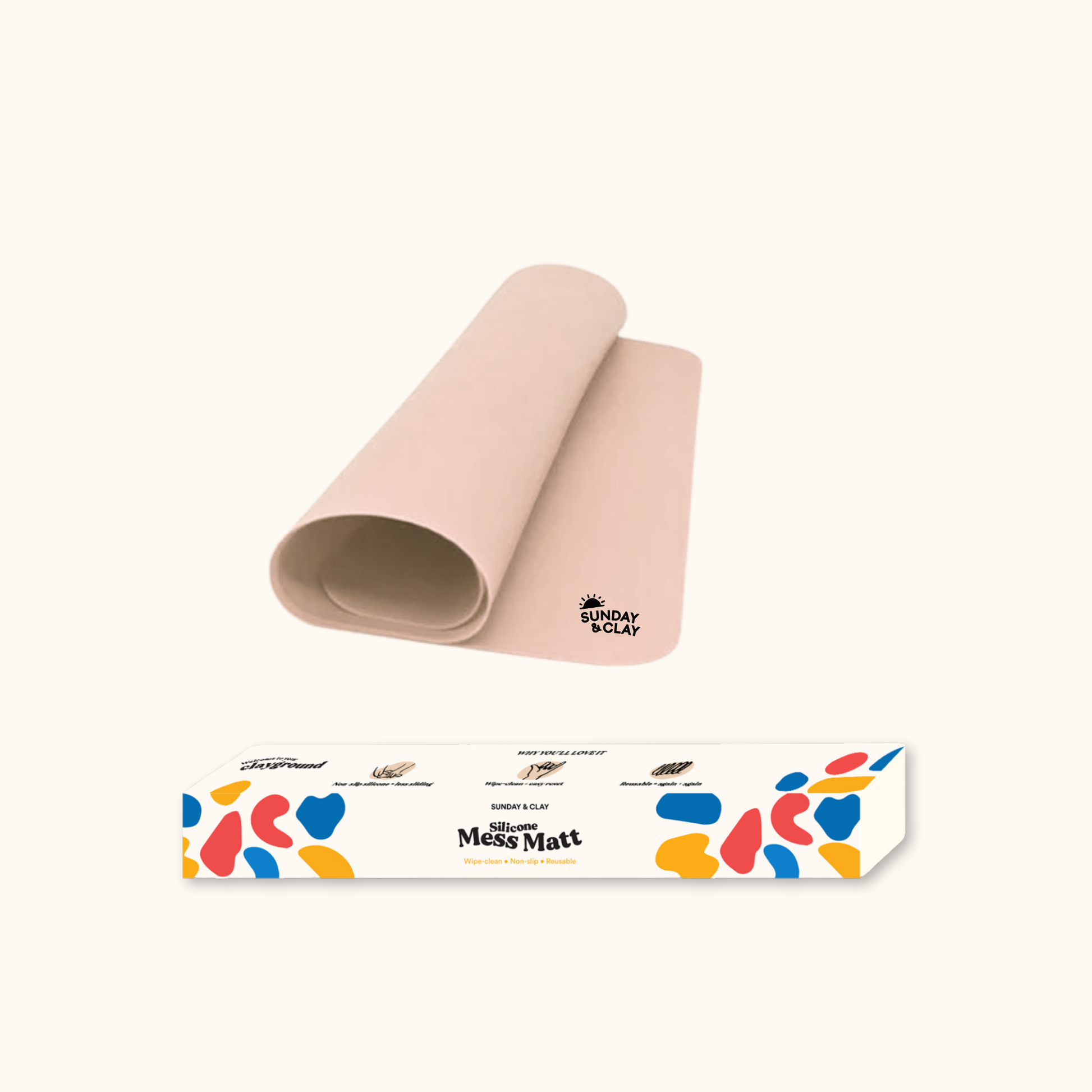 Flexible Sunday & Clay silicone craft mat rolled up to show soft durable material and easy storage design.