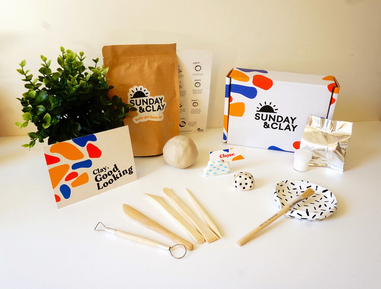 What's included in our DIY Home Clay Kit - The S&C Mini Kit edition including: 250g air dry clay, clay tools, paintbrush, glaze, instructions, and some extra goodies too!